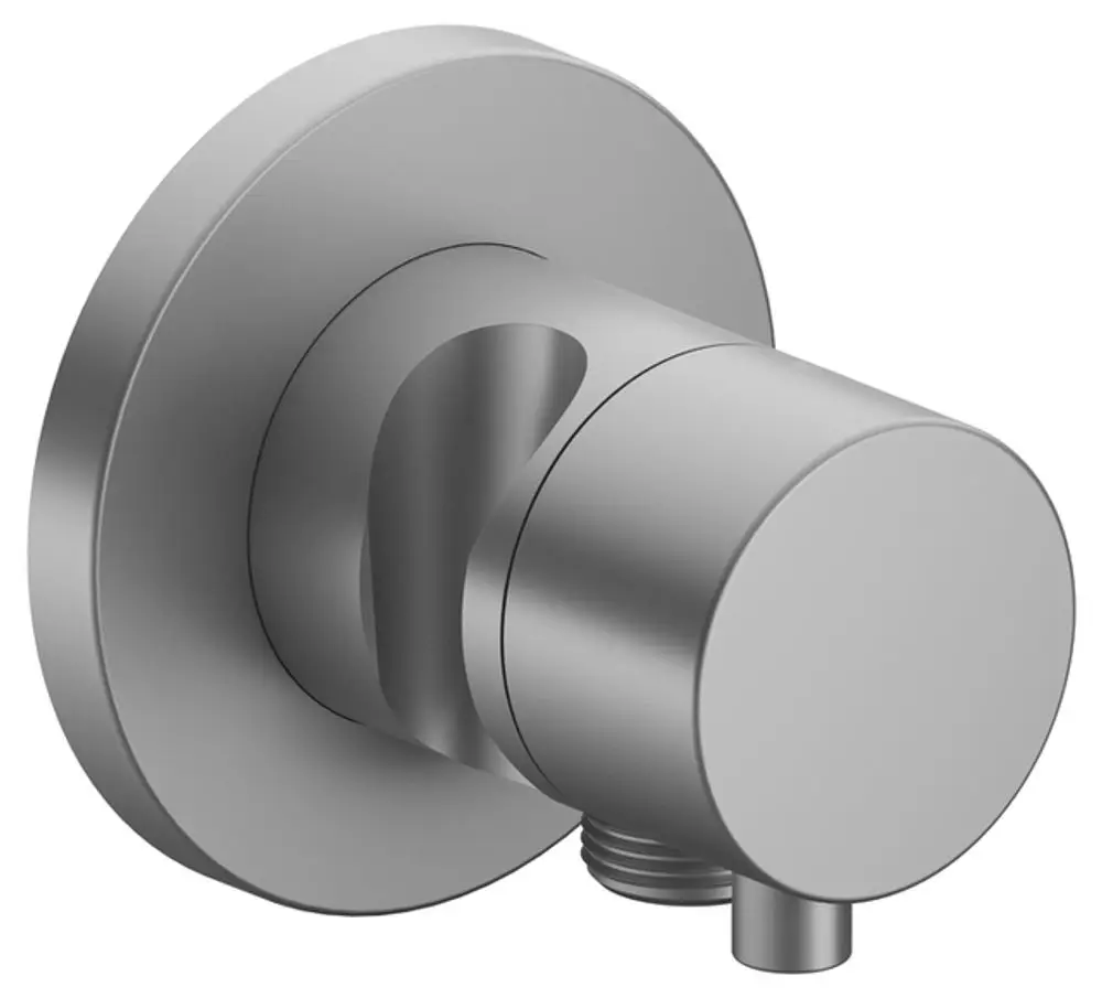 Keuco Absperrventil in runder Form mit Anschluss für Schlauch und Brause, verarbeitet in Aluminium-Finish, montiert an Wand.
